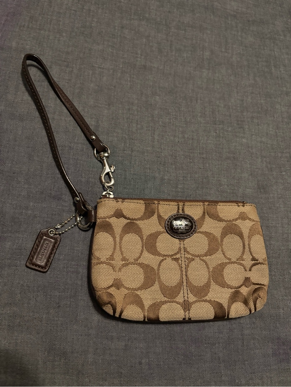Coach Brown Signature Canvas Wristlet with Leather Strap